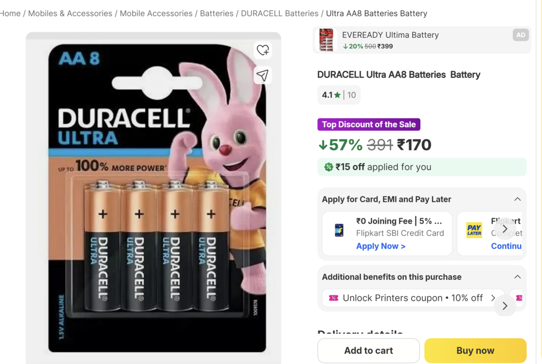 Duracell Pk 8 @ 170 Ever lowest | Desidime