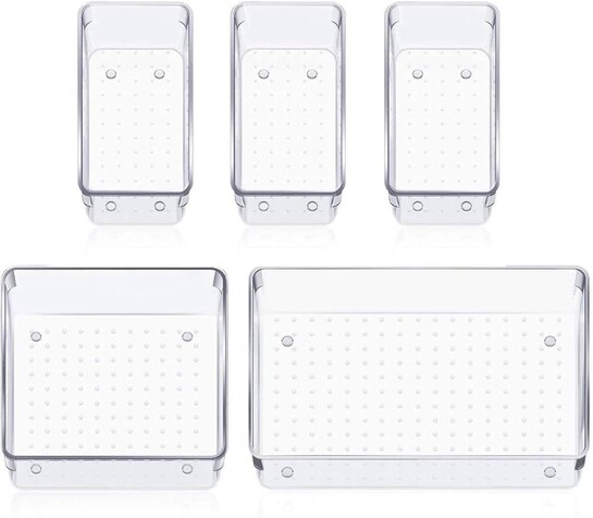 Arto Clear Acrylic Drawer Organizer Set of 5 | Multipurpose Transparent Plastic Storage Trays for Makeup, Vanity, Desk, Bathroom & Kitchen Cutlery