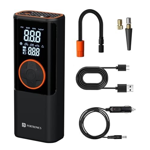 Portronics Vayu 4.0 Tyre Inflator with 2-in-1 Rechargeable & Corded Power, Preset Inflation Modes, Digital Display, Flashlight Torch, Auto Shut-Off, Air Pump Compressor for Car & Bike (Black)