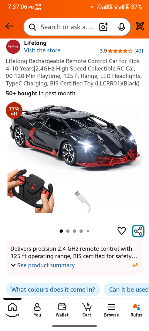 Lifelong Rechargeable Remote Control Car for Kids (Black, LLCRR01)