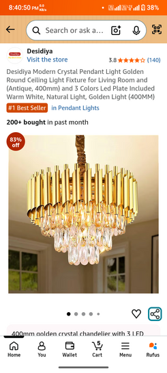 Desidiya Modern Round Crystal Pendant Light Fixture (Antique Gold, 400mm) – Ceiling Hanging Light with Included 3-Color Changeable LED
