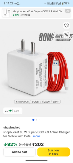 shopbucket 80 W SuperVOOC 7.3 A Wall Charger for Mobile with Detachable Cable 