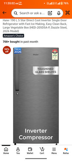 Haier 190L 5 Star Direct Cool Inverter Refrigerator @13,840