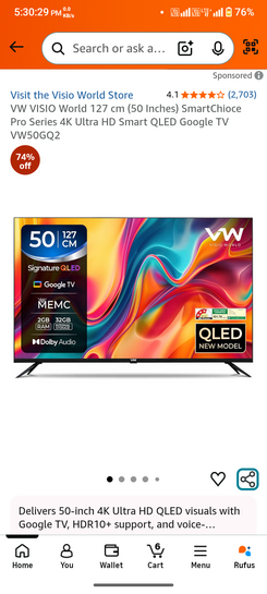 VW (50 Inches) 4K UHD Smart QLED Google TV @23,999