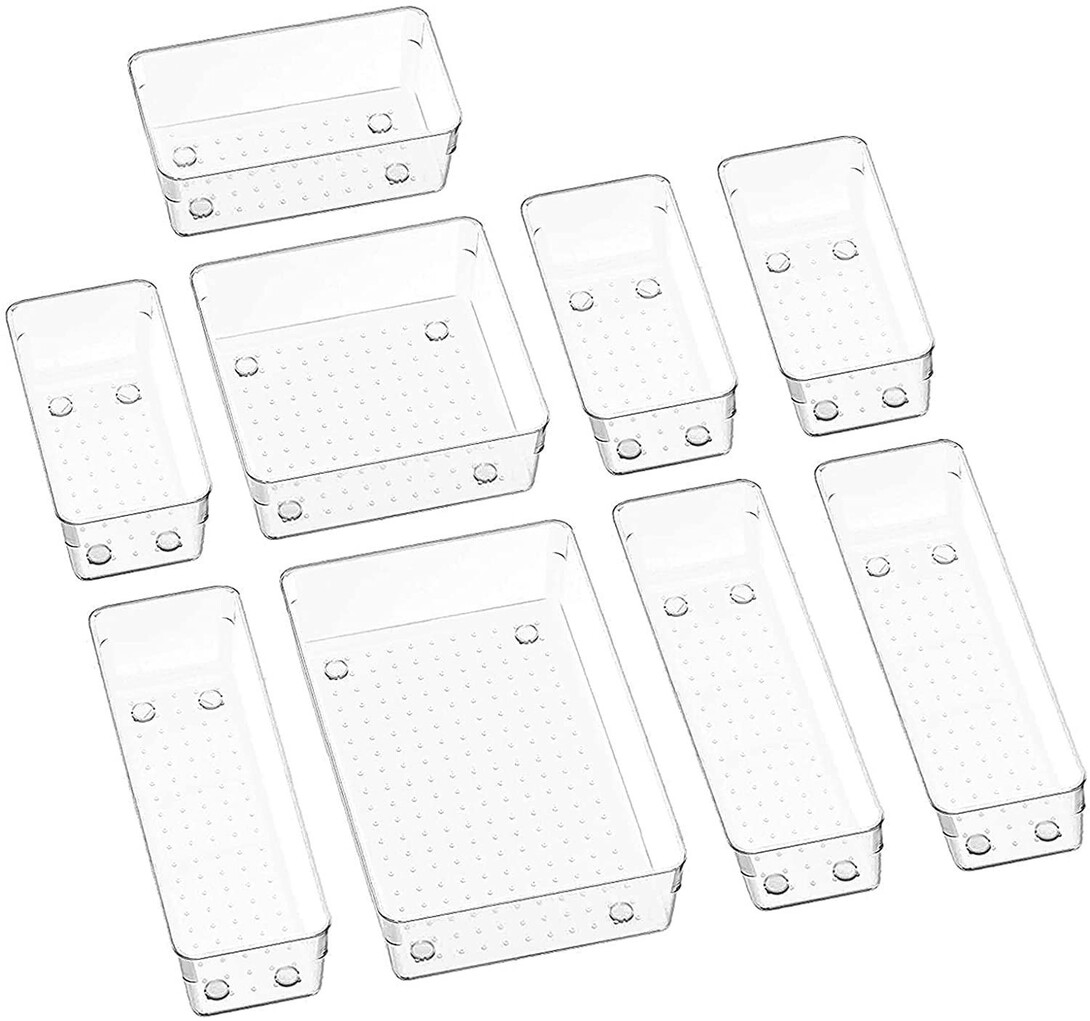 Arto Clear Transparent Acrylic Drawer Organizer Set with Various Size for Bathroom,Bedroom Dresser,Cosmetics Makeup,Kitchen Utensil,Office,Stationery,Drawer Tray Dividers,Vanity Trays (Pack of 9)