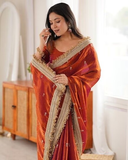 Women Embroidered Satin Saree