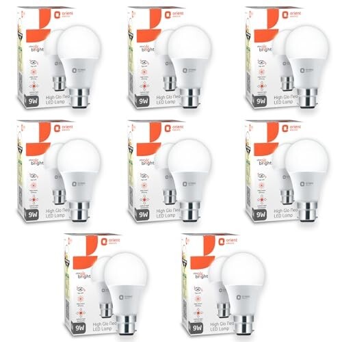 Orient Electric 9W High Glow LED bulb| 180-degree wide beam angle| Voltage surge protection up to 4 kV| 6500K, Cool White| B22d base| Made in India| Pack of 8