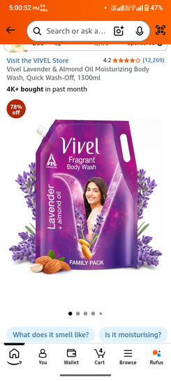 Vivel Lavender & Almond Oil Moisturizing Body Wash, Quick Wash-Off, 1300ml