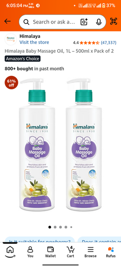 Himalaya Baby Massage Oil, 1L – 500ml x Pack of 2