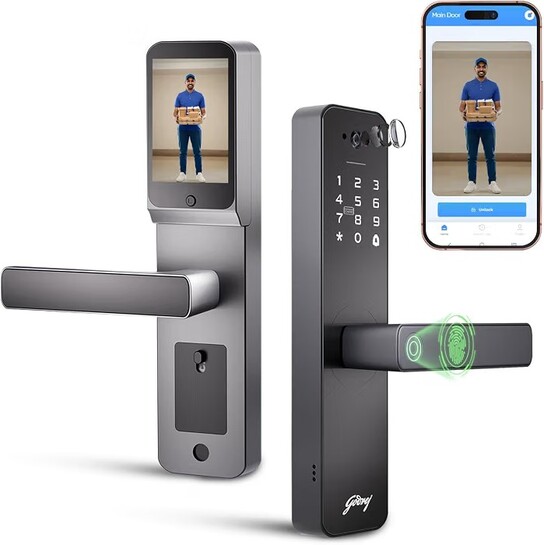 Godrej Smart Lock | Neo Pro View Digital Lock for Wooden Doors with Camera, View Screen, Wi-fi | Mobile App | Built-in Doorbell I 7 in 1 Access I