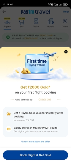 Paytm:Get ₹2000*gold on first flight book