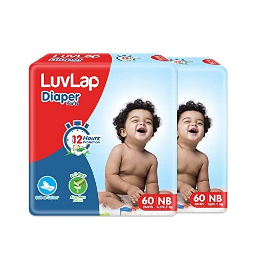 LuvLap Pant Style Baby Diapers, Newborn (NB) For babies of upto 5kg, 120 Count (60x 2) with Aloe Vera Lotion for rash protection, with upto 12hr protection, Diapers (60 Count, Pack of 3)