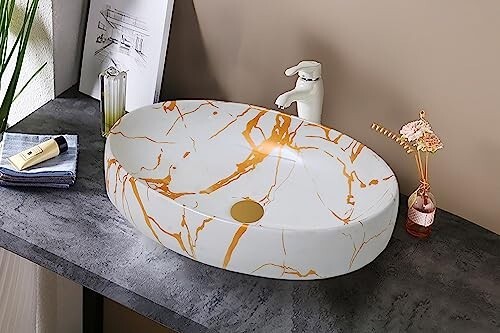 REMOTION Wash Basin Countertop | Tabletop Ceramic Bathroom Sink | Oval Shape Wash Basin For Bathroom | Ceramic Wash Basin (White Gold)