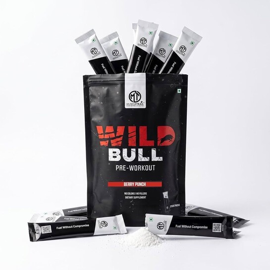 MuscleTrail Wild Bull Pre-Workout Supplement Powder | (14 Sticks Pack, Berry Punch)