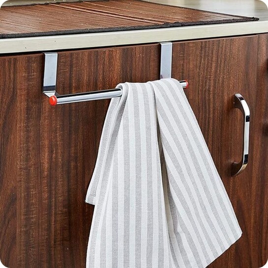 Amiraj Stainless Steel Cabinet Towel Holder - 23 cm (Pack of 1) | Over Door Kitchen Towel Bar | Heavy Duty Drawer Hanger Hook | Space Saving Organizer for Kitchen, Bathroom & Cabinet Storage