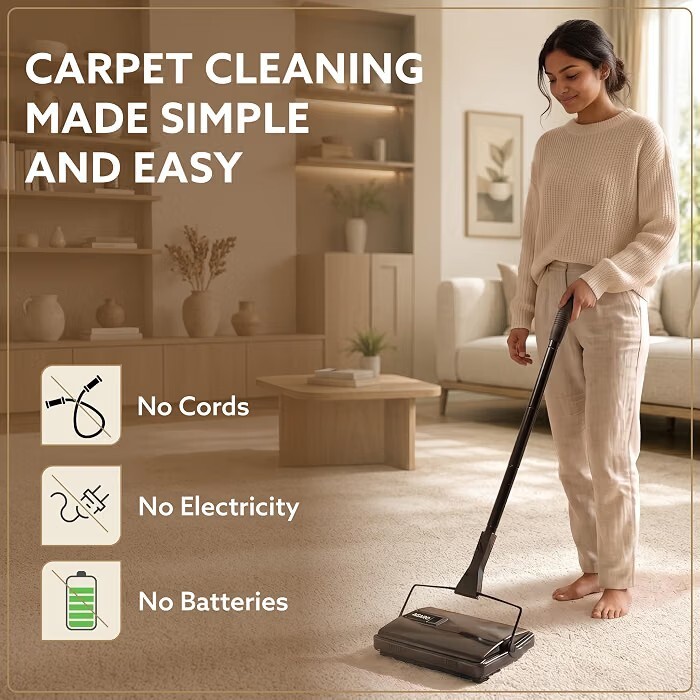 AGARO Delite Manual Carpet Cleaner for Pet Hair Rugs Mattresses – No Batteries, Push & Pull, Tangle-Free Brush