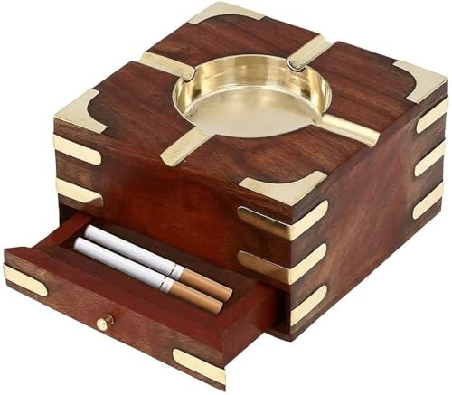 Wooden Ashtray with Brass Bowl and Storage Drawer, Rosewood Decorative Cigarette Organizer