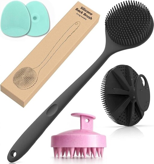 ARTO 4 In 1 Premium Long Handle Silicone Body Brush for Shower Bath, Back Scrubber & Exfoliator for Dry Skin Brushing | Scalp Massager Shampoo Brush & Hair Oil Applicator Comb Kit for Men & Women