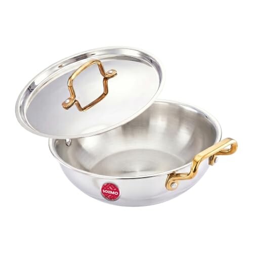 Amazon Brand - Solimo Premium Triply Stainless Steel Kadhai 28cm (4.3L) | SS Lid | Even Heating | Gas & Induction Compatible | Dishwasher Safe | Food Safe SS 304 | Elegant Golden Handles | BIS Certified