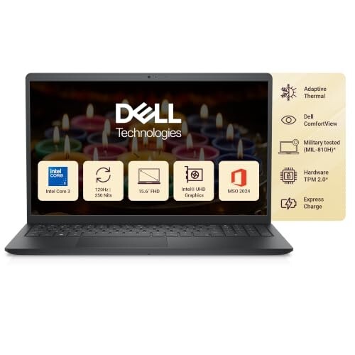 Dell 15 (Previously Inspiron) Laptop, 14th Gen Intel Core i3/Core 3 100U Processor, 8GB DDR4, 512 SSD, 15.6" FHD 120Hz IPS AG 250 nit Display, Win 11 + Office H&S 2024