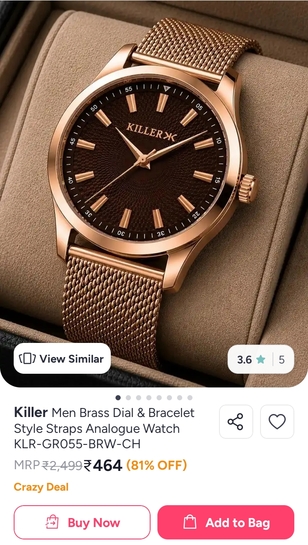 Killer brand's Men Brass Dial and Bracelet Style Straps Analogue Watch KLR-GR055-BRW-CH [MYNTRA SKU# 44674789]