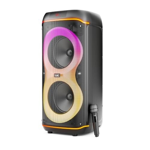 boAt 2026 Launch PartyPal 390 Plus, Karaoke Auto-Tuner, 160W Output, 1 UHF Wireless Microphone, Vibrant RGB LEDs, Hearables App Support, TWS Mode, Guitar Input Port, Multi-Compatibility (Onyx Black)