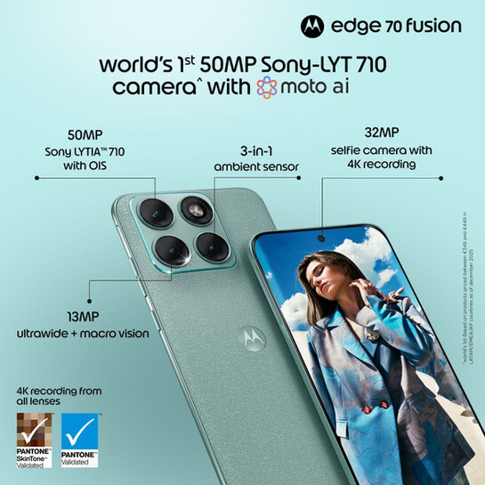 12/256 MOTOROLA Edge 70 Fusion PBBG0015IN, PBBG0031IN Octa Core Snapdragon 7s Gen 4 with 7000 mAh and IP68/IP69 dust tight and water resistant 