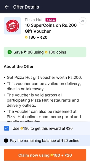 Pizza Hut/Dominos/PVR gift voucher upto 90% off using Supercoins + 5% coinback