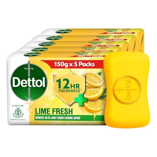 Dettol Lime Fresh (Cool) Bathing Soap Bar with 12hr Freshness (750gm) |Long Lasting Freshness, 150gm Pack of 5 (3308672)