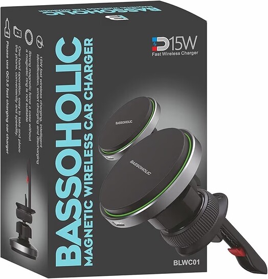 BASSOHOLIC BLWC01 15W Fast Wireless Car Charger, Qi-Certified, Secure Mount | Sleek Black