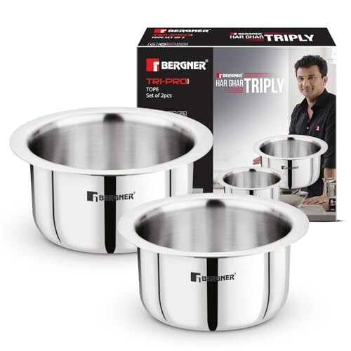 Bergner Tripro Triply Stainless Steel 2 Pcs Tope Set, Stainless Steel 14cm / 1.3 L and 16cm / 1.9 L Tope Set, Less Oil Use for Health Cooking