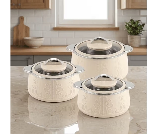 Jaypee Plus Fabrene Inner SS PU Insulated Casserole Set (3 Pieces, 1L+1L+1.5L, Ivory) on Instamart: