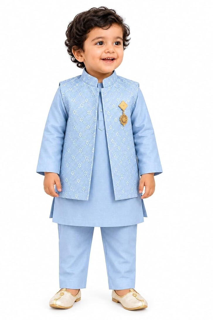 Boys Kurta Pajama Set with Embroidered Waistcoat & Brooch, 3 Piece Traditional Ethnic Wear Set for Kids, Indian Festive Outfit 
