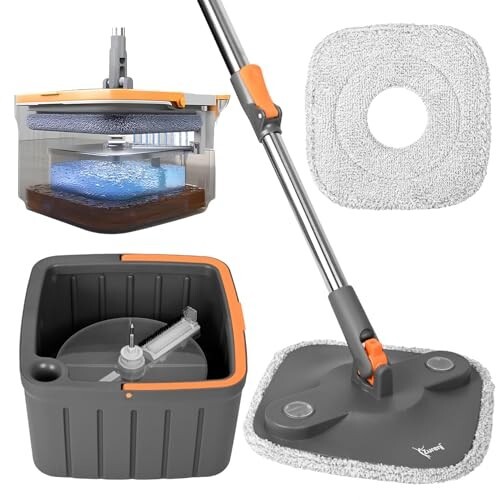 Zureni Wet and Dry Bucket Mop Set 360° Rotating Square Mop-Head with Extendable Handle & 2 Replaceable Mop-Pads Self Separation Dirty Clean Water for Hardwood Tile Marble Floor Mopping & Cleaning