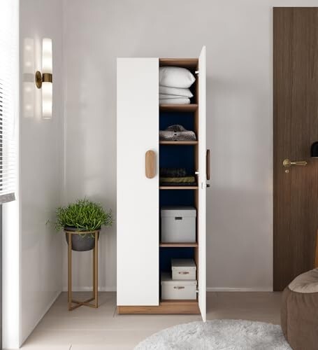 Slino 2 Door Wardrobe | Engineered Wood | Exotic Teak Finish | Bedroom Storage Cabinet with 4 Shelves | Water & Scratch Resistant | 36-Month Warranty