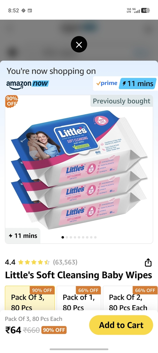 Little wipes 80 pc pack of 3 @ 64