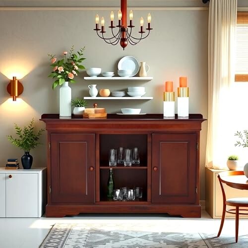 Royaloak Texas American Wooden Side Board | Solid Wood Veneer | Beveled Top Design | Ample Storage | Telescopic Channels | Wooden Knobs | Classic Design | American Collection