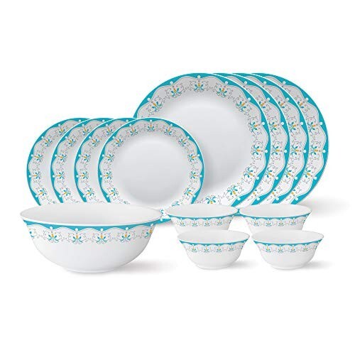 Larah by Borosil - Tiara Series, Royal Jade, 13 Pcs, Opalware Dinner Set, White