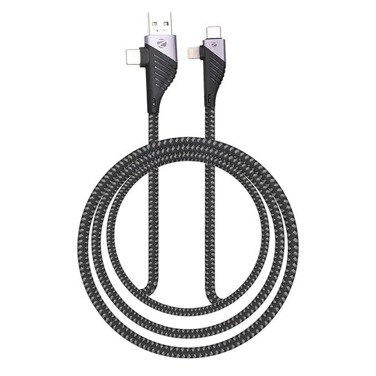 Zebronics UCLC65B 65 Watts PD Fast charging 4 in 1 cable with USB/Type C to Type C/Lightning connector, 1 meter braided cable for smartphones tablets and Laptops