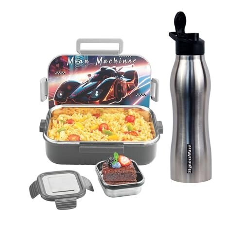SIGNORA WARE Delight C Chipmunk Stainless Steel Printed Lunch Box Set for Kids | Airtight Clip Lock Lid | Compact & Sleek Size | Great for Picnics & Outdoors (850ml + 160ml + 750ml Bottle | Grey)