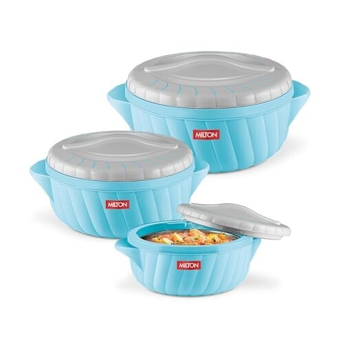 MILTON Flora Regular Set Insulated Inner Steel Casserole for Roti 3Pc (750ml 1.25L & 2.1L) Hot Box for Kitchen, Hot Pot with Lid, Chapati Box, Roti Casserole, Serving Boxes, Hotcase, Cyan Blue