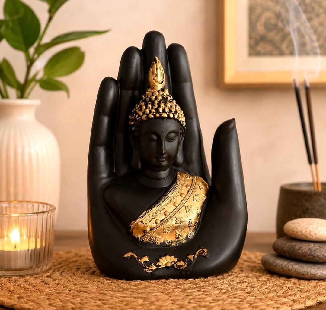 eCraftIndia Resin Black Golden Handcrafted Palm Buddha Statue Showpiece | Lord Buddha Idol for Home Decor Living Room Office | Gift for Diwali  Buddha Purnima Housewarming Birthday