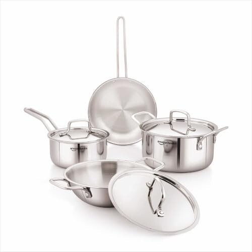 Amazon Basics Triply Stainless Steel Cookware Set 7 Pcs - Deep Kadai(3.4L), Saucepan(1.7L), Casserole(1.8L), Frypan(1.2L) | With 3 Stainless Steel Lids | Dishwasher Safe | Induction and Gas Compatible