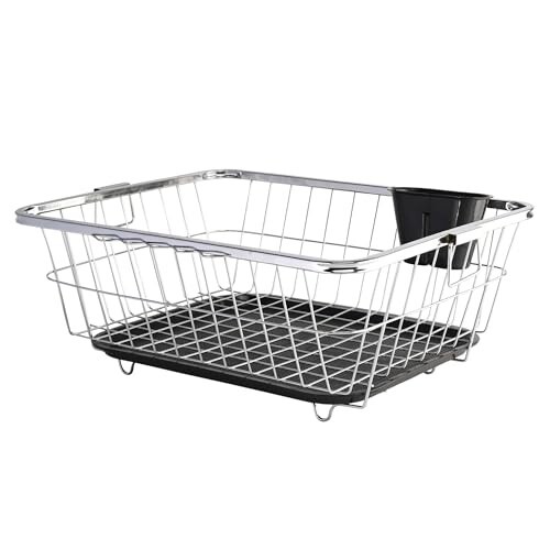 Kuber Industries Stainless Steel Dish Rack for Kitchen | Vessels Organizer Stands with Handle | Spoon Holder & Draining Tray Included | 17x22 Inch