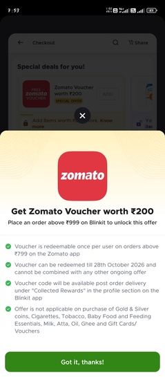 Blinkit x zomato :get free200zomato voucher on 999+blinkit order (can apply voucher coupon alongwith) 