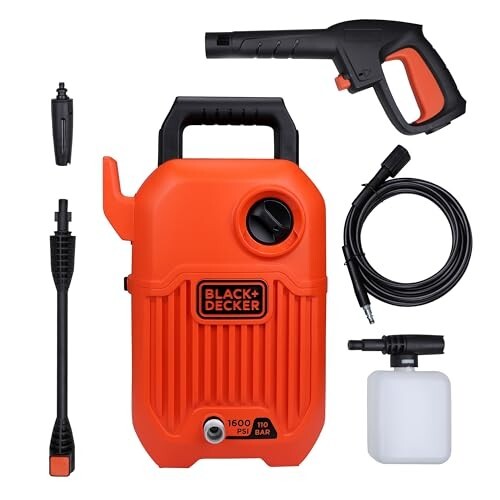 BLACK+DECKER BEPW1600 1300W 1600 PSI 110 Bar Pressure Washer for Car, Bike, Home & Garden Cleaning Use with Multiple Accessories Included, 1 Year Warranty, Orange & Black