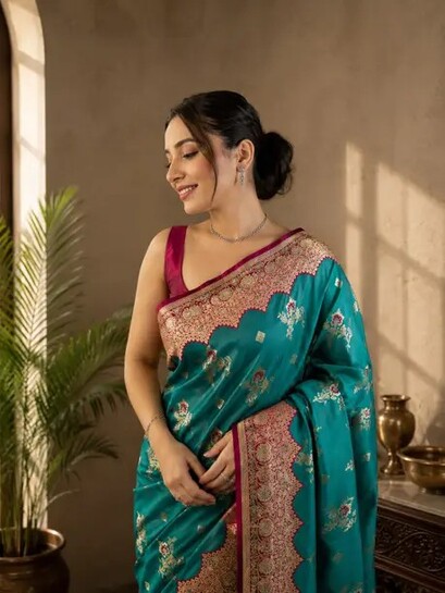 SLIYOXA Women Embellished Mysore Lycra Blend Saree | Black Net-Style Sequence Mirror Work Saree with Contrast Cutwork Lace Border   