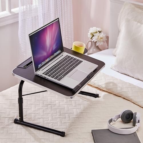 Amazon Basics Iconic Lap Desk | Height Adjustable Laptop Table | Adjustable Table Angle | Cupholder | Carbon Steel | Foldable | Wenge | 35 cm - H, 36 cm - L, 48 cm - W