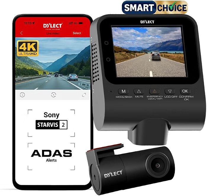 Dylect® Sense Smartchoice 4K Max 2 Channel Dash Cam, 4K Front + 1080p Rear