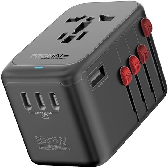 Promate Travel Adapter, Universal GaN Charge Adapter with 2000W AC Socket, 100W Four USB-C Power Delivery Ports, QC 3.0 Port